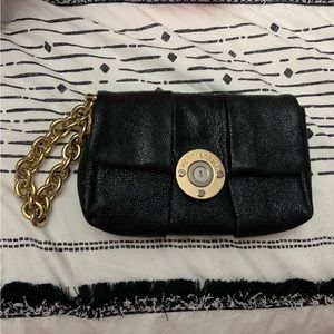 Henri Bendel Milliner Caviar black maxi wristlet two tone closure chain strap